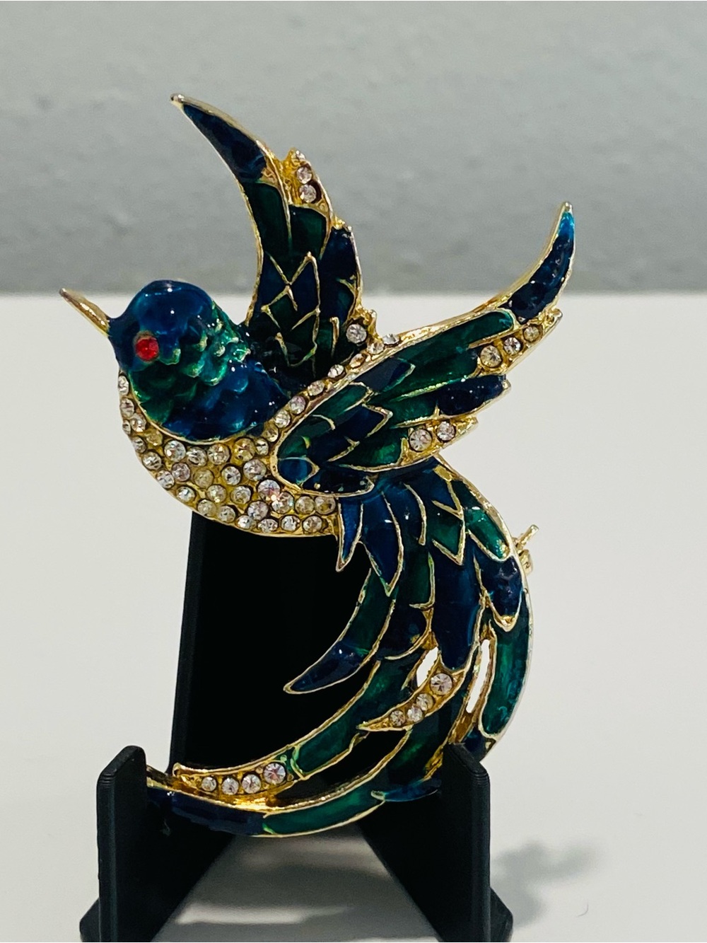 Vintage Rhinestone Blue Green Enamel Hummingbird Brooch Pin Goldtone Statement